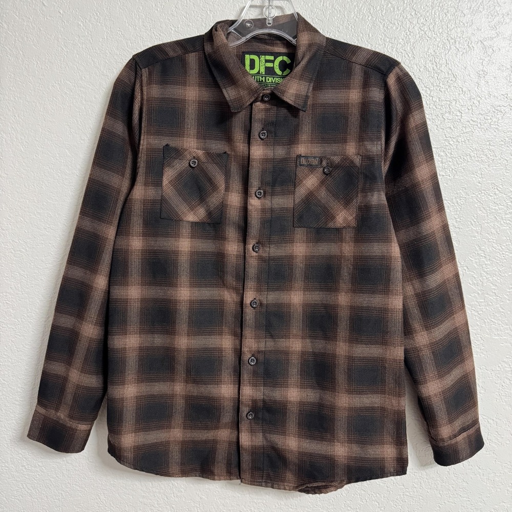 Dixxon Flannel Shirt Boys Large Brown Plaid Button Up‎ Long Sleeve Youth